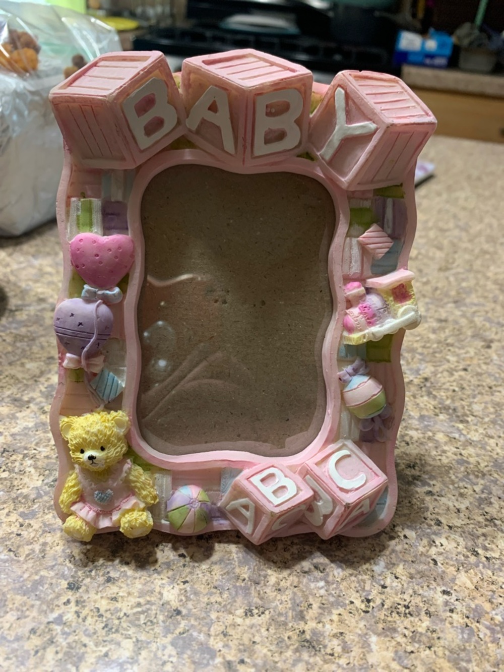 Pink Baby Photo Frame with Teddy & Blocks